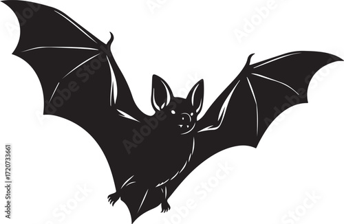 Nocturnal Flight: A sleek, black bat gracefully spreads its wings in a mesmerizing silhouette, capturing the allure of darkness and the mystery of the night. 