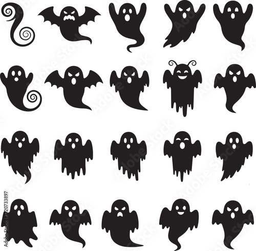Spooky Spirit Silhouettes: A captivating collection of silhouetted ghostly forms, ideal for Halloween decorations or themed designs. Each silhouette represents a unique ghost. 