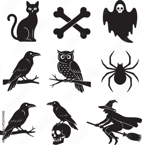 Halloween Silhouette Symbols: A spooky assortment of Halloween symbols, each a stark silhouette against a backdrop, invoking the eerie charm and festive spirit of the holiday.