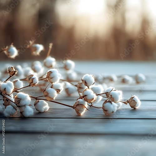 Wallpaper Mural Natural cotton branches with fluffy white bolls arranged on wooden table outdoors in warm evening light, eco friendly organic fiber and rustic decoration background Torontodigital.ca