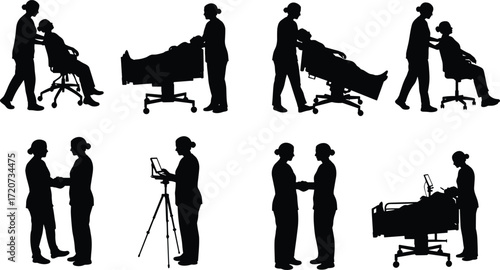 Silhouette, healthcare, caregiver, patient, wheelchair, hospital, bed, medical, assistance, support, handshake, equipment, treatment, clinic, professional, care, recovery, service, interaction, help