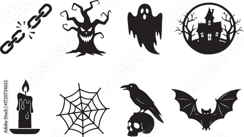 Halloween Symbol Silhouettes: A collection of iconic Halloween symbols in striking silhouette form, each element crafted with stark contrast to evoke the spooky atmosphere.