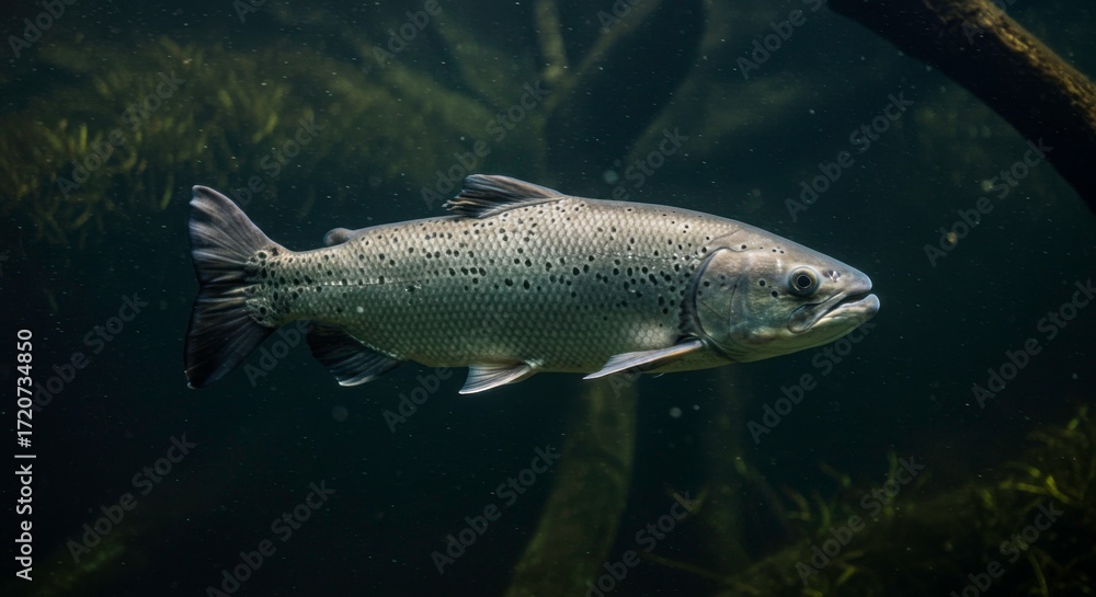 Fototapeta premium Magnificent Brown Trout Swimming Gracefully Through Murky Waters Dark Habitat Environment