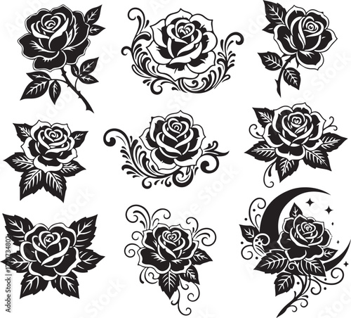 Elegant Roses: A collection of exquisitely detailed, monochrome rose illustrations showcase intricate petals and artistic design.