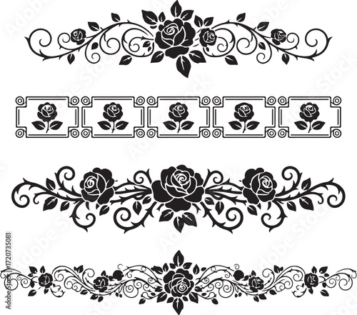 Elegant Floral Ornament Design: Intricate rose patterns in elegant designs, showcasing floral artistry and delicate details for a decorative touch.