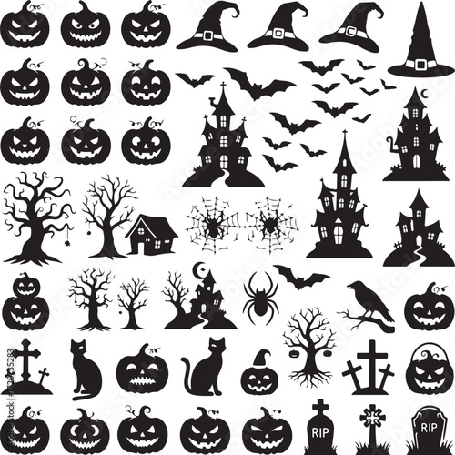Halloween Silhouettes: A collection of intricately detailed black silhouettes of classic Halloween icons, ready to add spooky flair to any creative project.