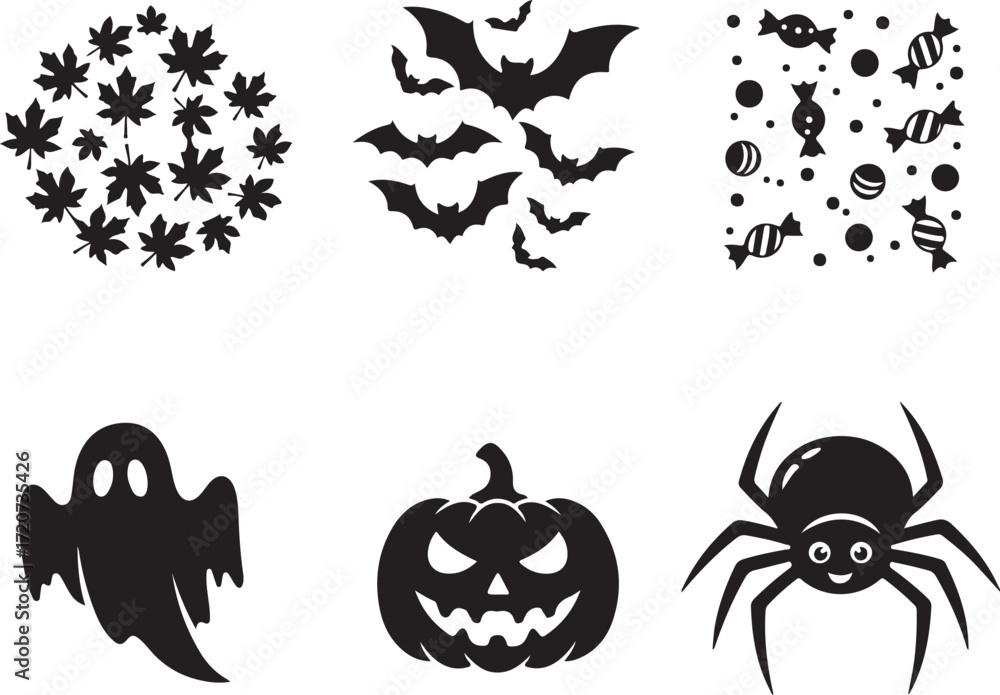 Fototapeta premium Halloween Icon Silhouette Collection: A captivating array of Halloween silhouettes, evoking spooky fun. Including Leaf, bat, candy, ghost, jack-o-lantern, and spider. 