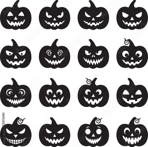 Spooky Pumpkin Variety: A collection of carved pumpkins each wearing a unique eerie grimace, a delightful showcase of spooky, seasonal Halloween imagery, ready to chill and thrill.