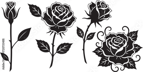 Rose Silhouette Collection: A captivating compilation of rose silhouettes in elegant black and white, showcasing the delicate beauty of the floral form and petals. This series embodies timeless grace.