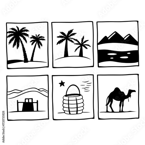 A collection of six simple black and white hand drawn illustrations depicting desert and oasis scenes including palm trees dunes mountains a well and a camel