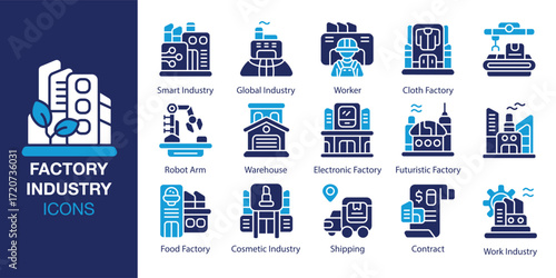Factory Industry icon set. Containing equipment, machinery, automation, process, engineer and more. Solid vector icons collection. Vector illustration.
