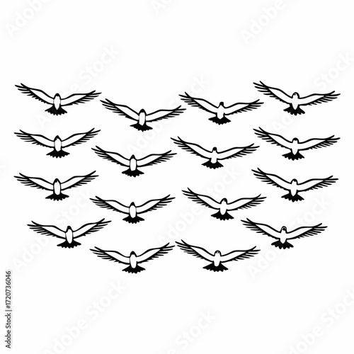 A flock of birds in flight their wings spread wide against a clean white background creating a sense of freedom and movement