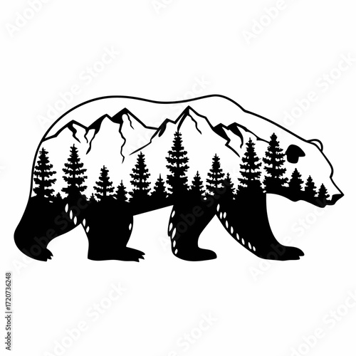 A striking black and white silhouette of a bear walking with a majestic mountain range and pine forest landscape artfully integrated within its form representing nature and wilderness