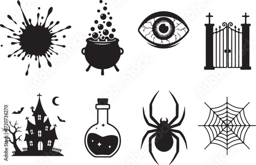 Halloween icons set: A spooky ensemble of hand-drawn Halloween-themed illustrations, featuring classic symbols of the holiday like haunted house, spiders and spider web in vector art.