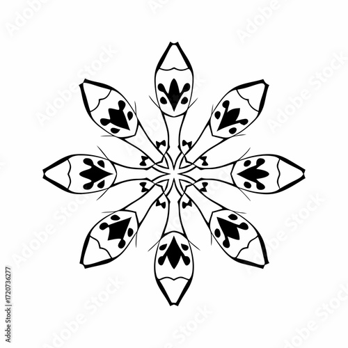 A symmetrical black and white abstract floral mandala design with eight petal like elements radiating from a central point creating an intricate and decorative pattern on a white background