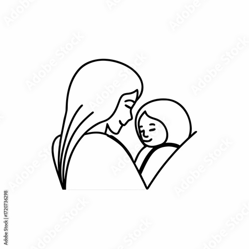 A tender black and white line art illustration depicting a mother holding her child close symbolizing love care and the special bond between parent and child
