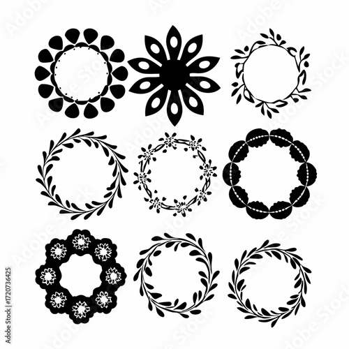 Collection of nine black silhouette circular floral and botanical decorative frames and borders with intricate designs and natural leaf and flower elements on a white background
