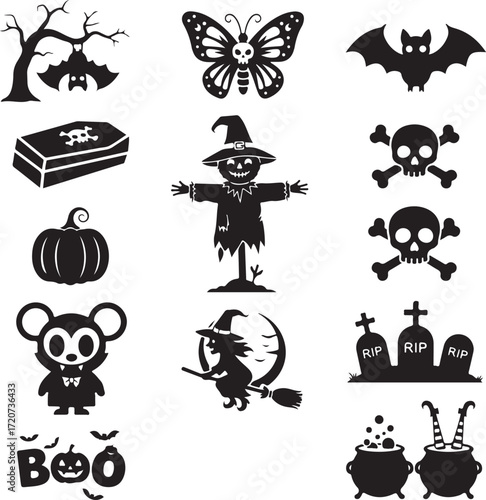 Halloween Silhouettes: An array of intricately designed silhouettes, featuring a creepy, festive, and spooky ensemble of icons, including bats, butterflies, cauldrons, coffins, gravestones, pumpkins.