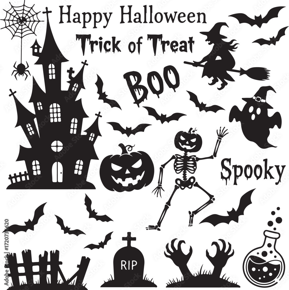 Obraz premium Halloween's Spooktacular Silhouette: A collection of Halloween elements including a haunted house, bats, witch, pumpkin, and more in a monochrome design, perfect for invitations, cards.
