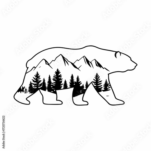 Silhouette of a walking bear filled with a majestic mountain range and dense evergreen forest landscape creating a beautiful nature scene