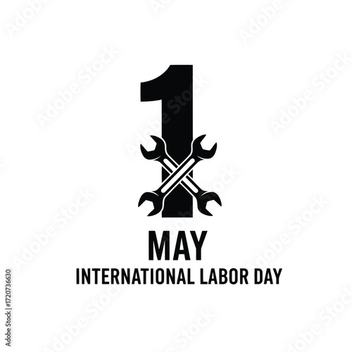 Vector illustration of black and white graphic for international labor day on may 1st, featuring the number 1 and crossed wrenches, symbolizing work and industry