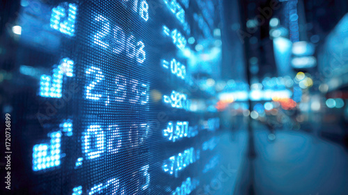 Wallpaper Mural Glowing blue numbers on a digital stock market board with a blurred city bokeh background, concept of finance and technology Torontodigital.ca