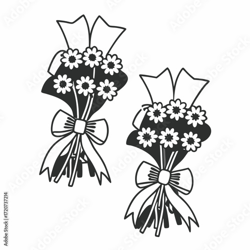 Two stylized black and white line art drawings of daisy bouquets tied with bows and ribbons on a white background representing floral arrangements for celebrations or gifts