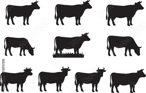 Cow Silhouette Collection: A monochrome collection of cow silhouettes showcasing various poses, offering a versatile resource for design and illustrative projects. 