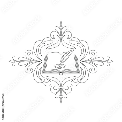 Vector illustration of ornate decorative border framing an open book with a quill pen and inkwell, symbolizing writing, knowledge, and literature