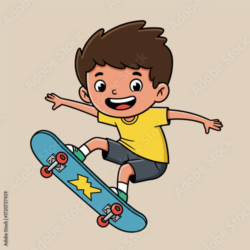 Smiling child with short brown hair doing skateboard trick, wearing yellow shirt and gray shorts.