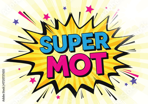 Vector illustration of super mot comic book style explosion with stars and bright colors, graphic design