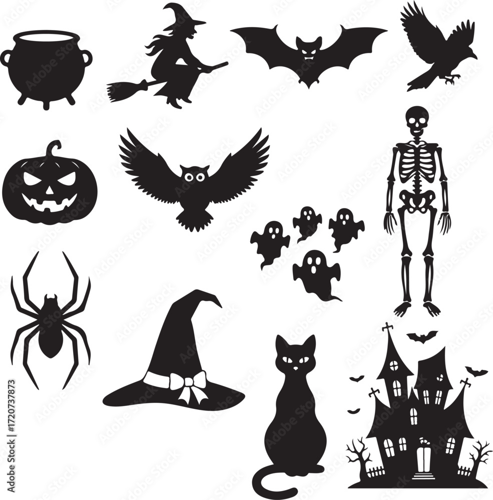 Naklejka premium Halloween Silhouette Set: Spooky silhouettes evoke the spirit of Halloween, creating a visual feast of haunting imagery and playful frights.
