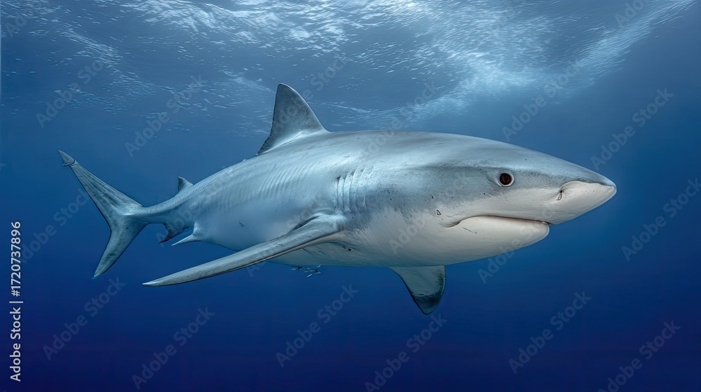 Fototapeta premium Majestic Shark Swimming Gracefully in Clear Ocean Waters, Capturing the Beauty of Marine Life and Underwater Ecosystems