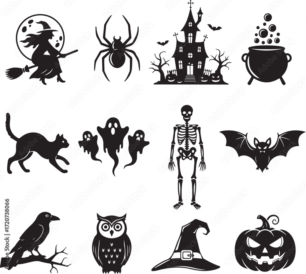 Obraz premium Spooky Halloween Silhouettes: An assortment of classic Halloween figures, including a witch on her broom, a crawling spider, a haunted house, a bubbling cauldron, a sleek black cat, playful ghosts.