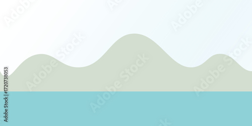 Vector orange mountain landscape with clear sky, sunset behind the mountains and silhouettes of trees and calm lake water
