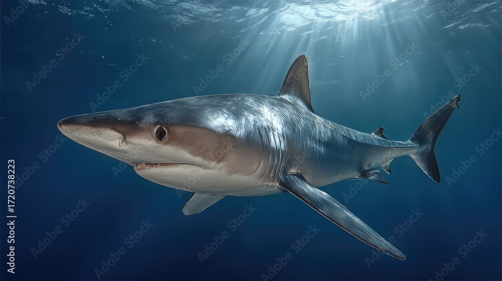 Obraz premium Majestic Shark Gliding Through Clear Blue Ocean Waters Under Gentle Sunlight Rays