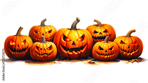 Halloween pumpkins with scary faces isolated on white background. 