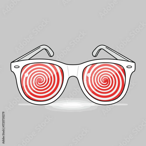Vector illustration of whiterimmed sunglasses with red spiral pattern lenses, representing hypnosis or mind control, isolated on a gray background