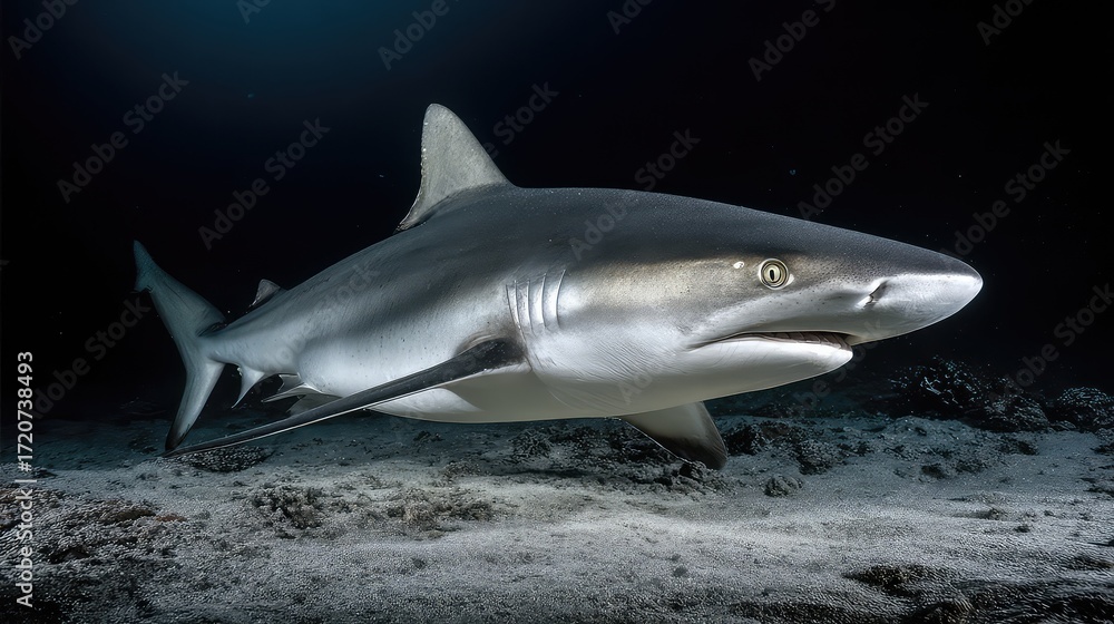 Naklejka premium Majestic Shark Swimming Gracefully in Clear Ocean Waters with Soft Sunlight Filtering Through the Surface