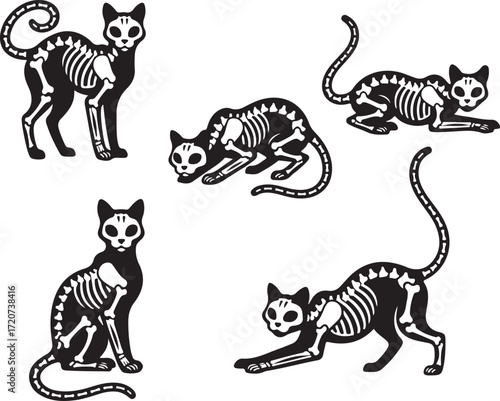 Spooky Skeleton Cat Collection: A charming and spooky collection of detailed skeleton cat illustrations in different poses, perfect for Halloween decorations or themed designs, black and white style 