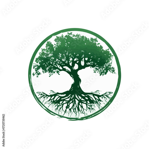 Green tree of life vector illustration with roots and branches in circle for logo and design needs