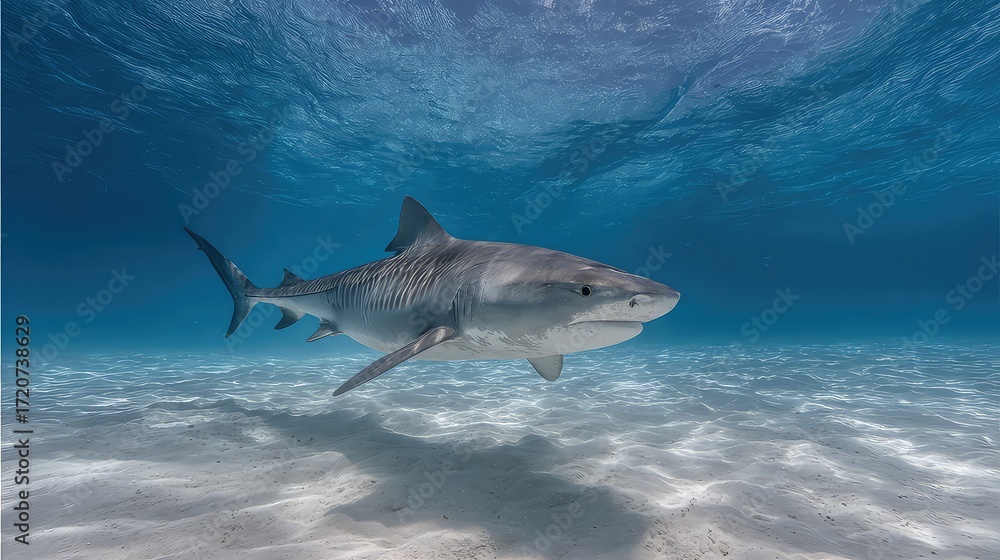 Fototapeta premium Majestic Shark Swimming Gracefully Underwater in Clear Blue Ocean with Sandy Seafloor