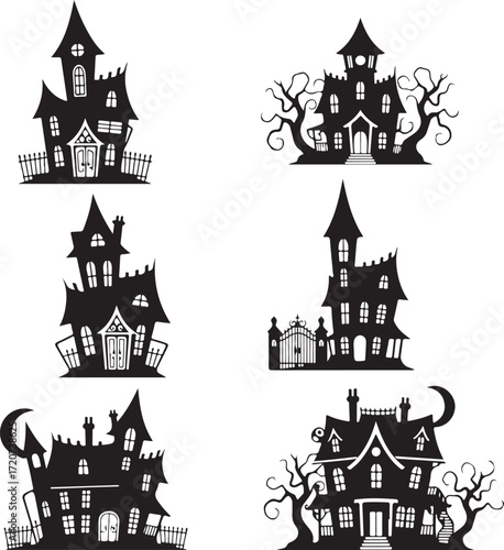 Spooky House Silhouette Set: Six creepy, haunted house silhouettes, ready to bring a touch of dread and delight to any project! Featuring classic shapes and eerie details.