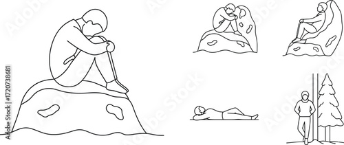 Set of sketch drawings of a sad man sitting on a rock