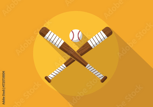 Vector illustration of two crossed baseball bats with a baseball in the center, symbolizing the sport on a yellow circular background