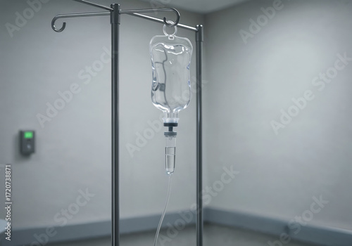 Wallpaper Mural Intravenous Drip in Medical Setting: A close-up shot of an IV bag suspended from a pole. In the sterile environment, a clear liquid slowly drips, representing medical care and well-being. Torontodigital.ca
