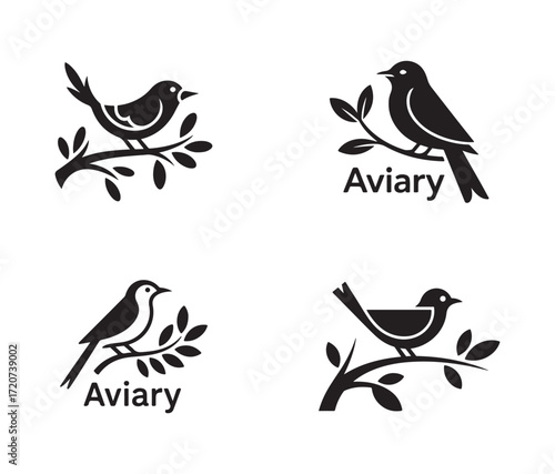 Aviary Bird Silhouettes on Decorative Branches Vector Set