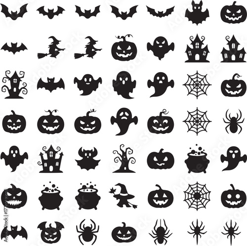 Halloween Silhouette Icons: A captivating collection of intricately designed Halloween icons, casting shadows and setting a spooky tone for the holiday season, a versatile pack for your projects!