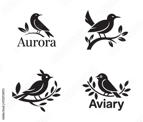 Bird Silhouettes on Branches with Aurora and Aviary Text