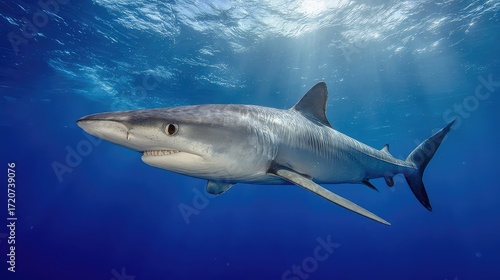 Wallpaper Mural Majestic ocean predator swimming gracefully in clear blue waters against shimmering light rays from the sun above Torontodigital.ca